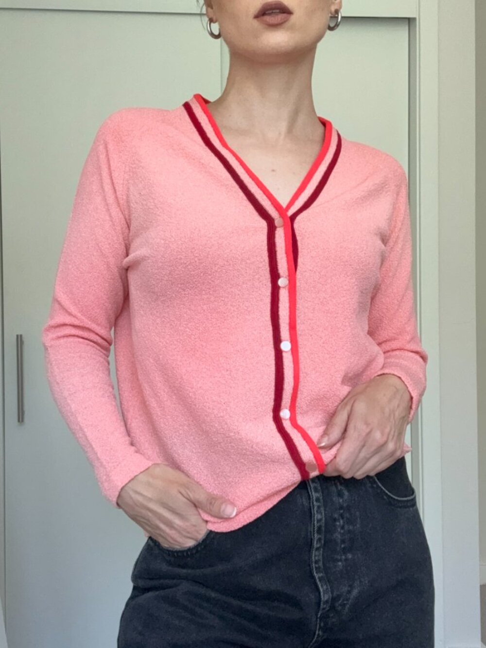 Vintage Sears Pink Terry Knit Cardigan Sweater with Contrast Trim Button Front